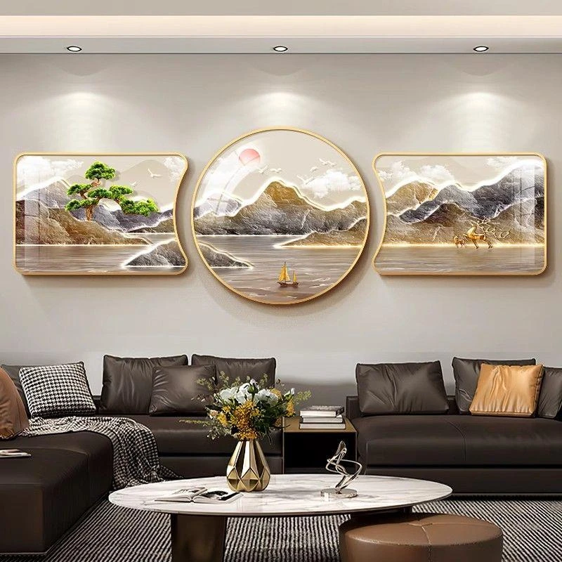 流水生财客厅装饰画新中式高级感三联画现代轻奢沙发背景墙挂画