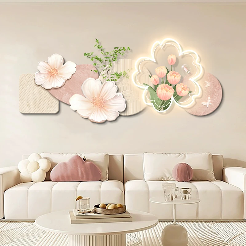 奶油风客厅装饰画高级感沙发背景墙挂画创意花卉北欧高档发光壁画