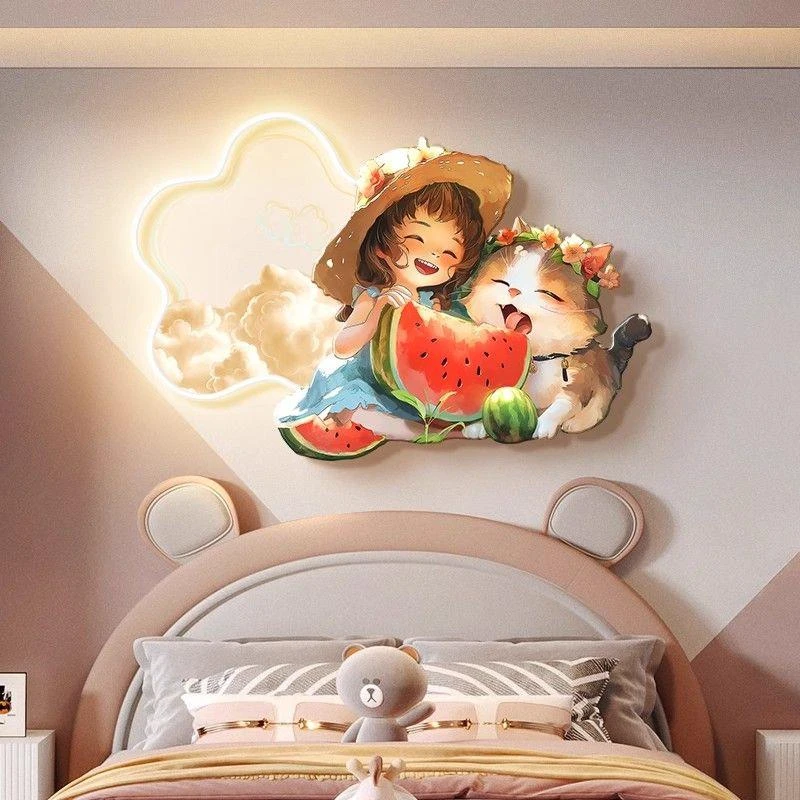 奶油风女孩儿童房装饰画卡通猫咪公主房间挂画萌宠卧室床头壁画灯