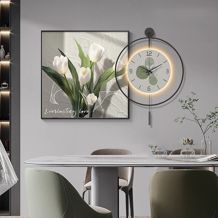 2024新款餐厅装饰画客厅LED灯钟表组合挂画花卉轻奢静音挂钟壁画