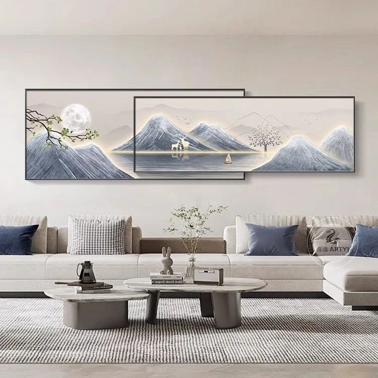 倪鸿现代轻奢客厅装饰画高级感沙发背景墙挂画高档大气山水画叠加