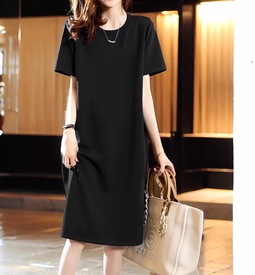 2024新款纯棉黑色过膝长裙女韩版宽松短袖t恤裙时尚中长款连衣裙