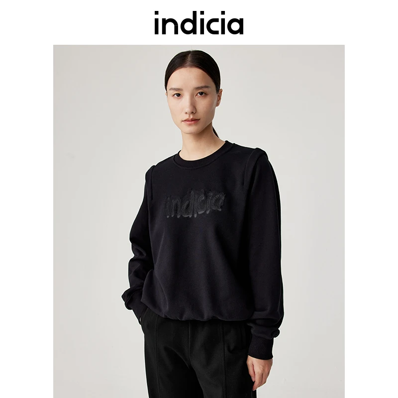 indicia商场同款秋季新款长绒棉黑色正肩立体字母卫衣5C309WY411