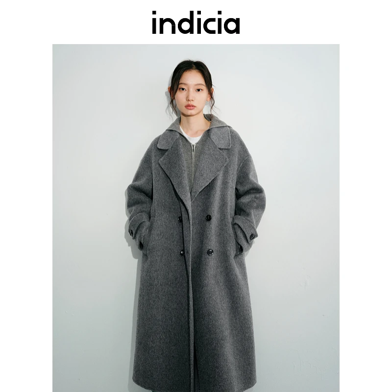 indicia标记24秋灰色双排扣简约通勤100%绵羊毛呢子大衣L2D4DY188
