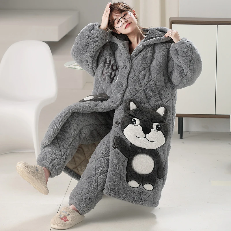 睡衣女冬季夹棉加绒加厚卡通可爱连帽长款睡袍保暖棉服家居服套装