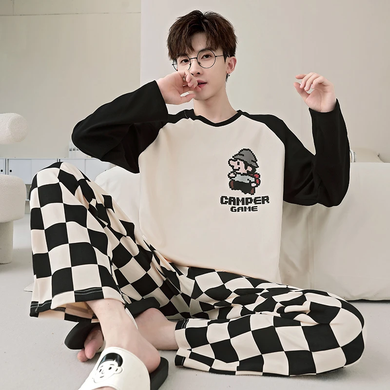 男士睡衣春秋季长袖纯棉薄款卡通休闲马里奥青少年学生家居服套装