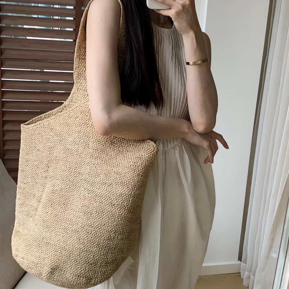 日韩ins风大水桶包度假沙滩包手工编织拉菲草包女夏天出游单肩包