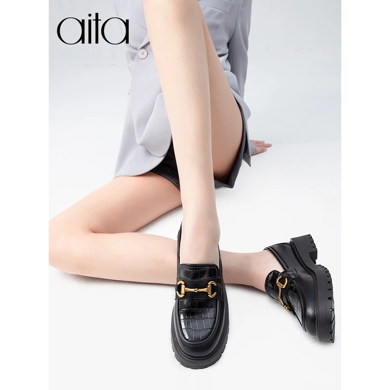 2023新款四季AITA/艾塔真皮乐福鞋英伦鳄鱼纹复古小皮鞋厚底浅口