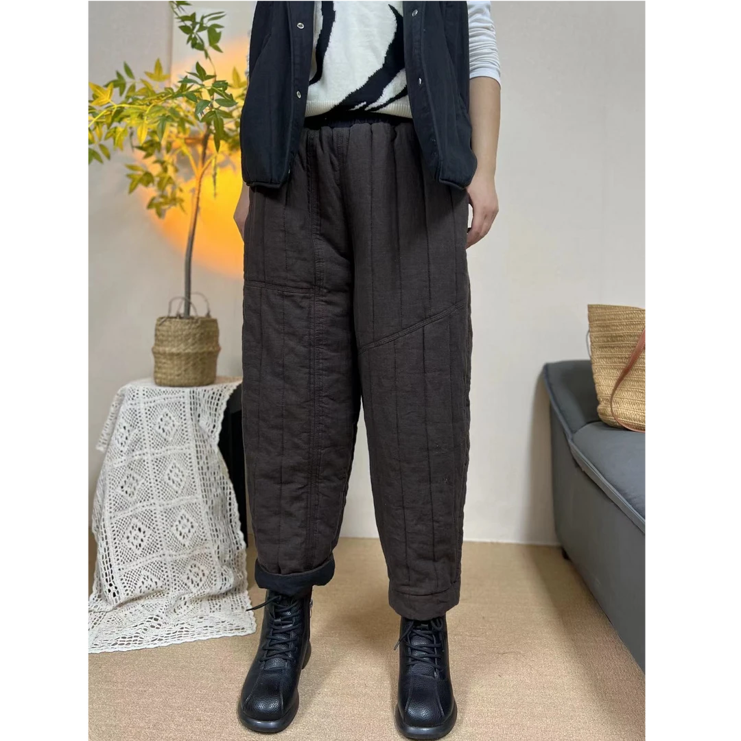 加长夹棉加厚亚麻棉裤腰头撞色款百搭女款