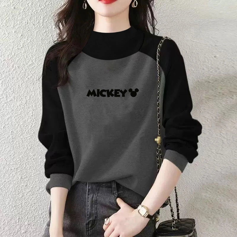 欧货棉质磨毛简约印花宽松显瘦半高领拼接撞色女装秋冬长袖打底衫