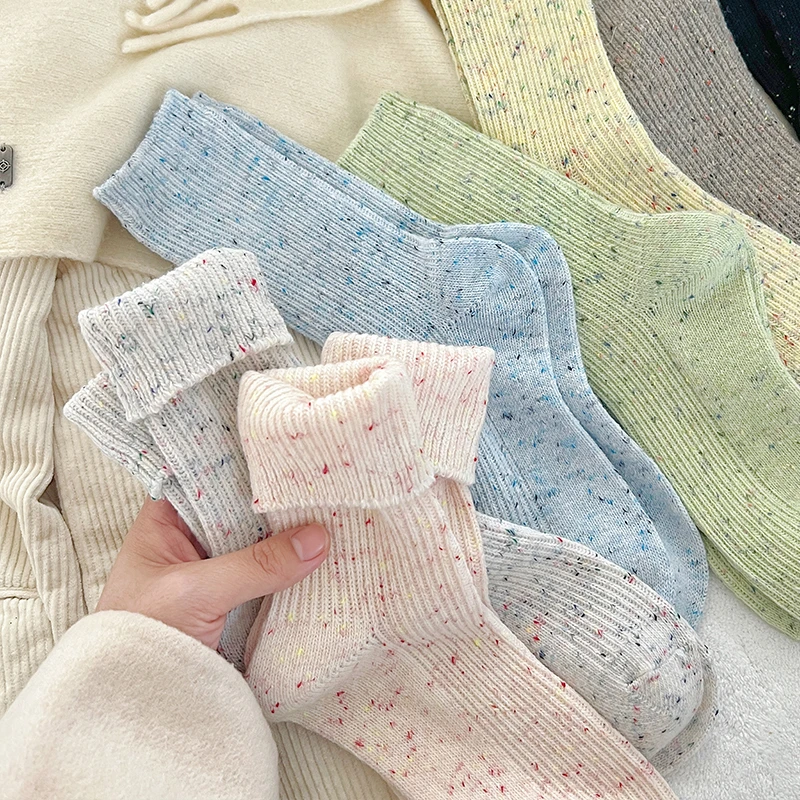 秋冬季奶油色点子纱长袜加厚舒适堆堆袜女居家保暖百搭女士中筒袜