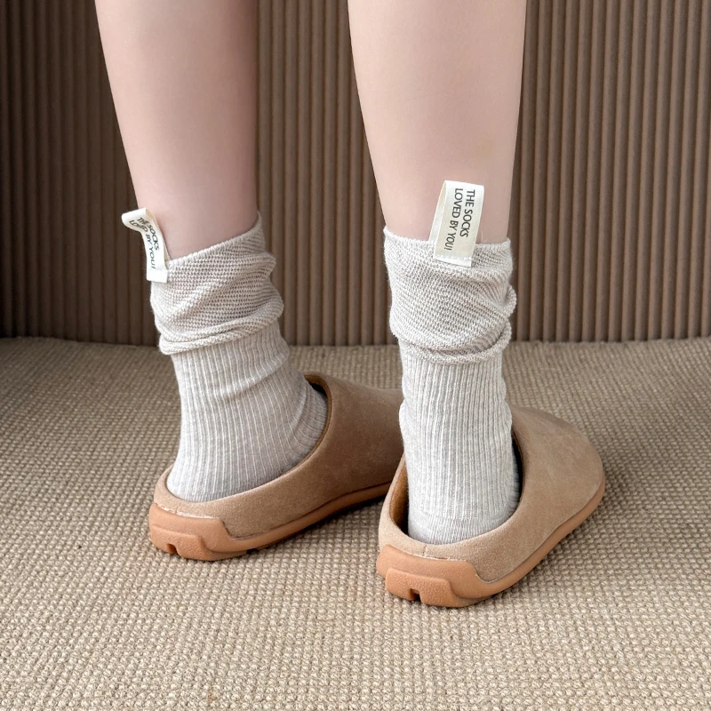 后跟布标中筒袜休闲学院风个性少女长袜春秋季舒适百搭松口堆堆袜