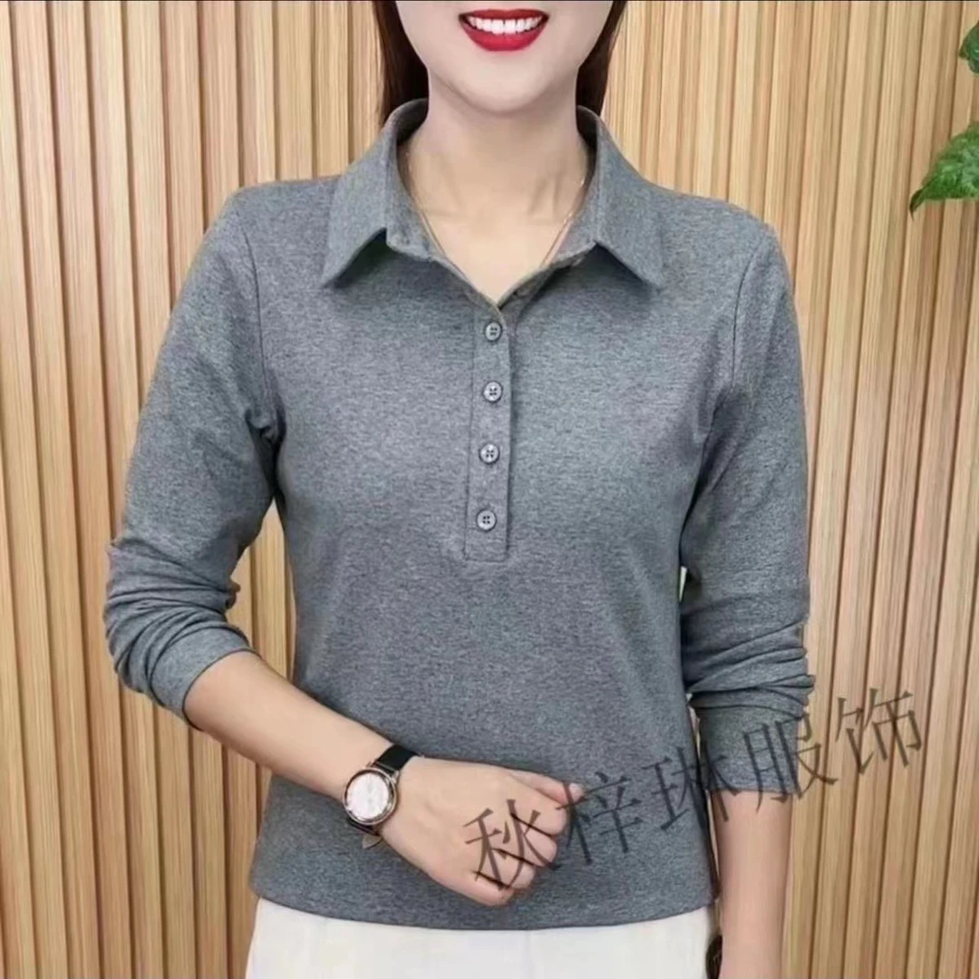 休闲polo领女装长袖纯色T恤春秋新款翻领上衣女气质时尚减龄显瘦