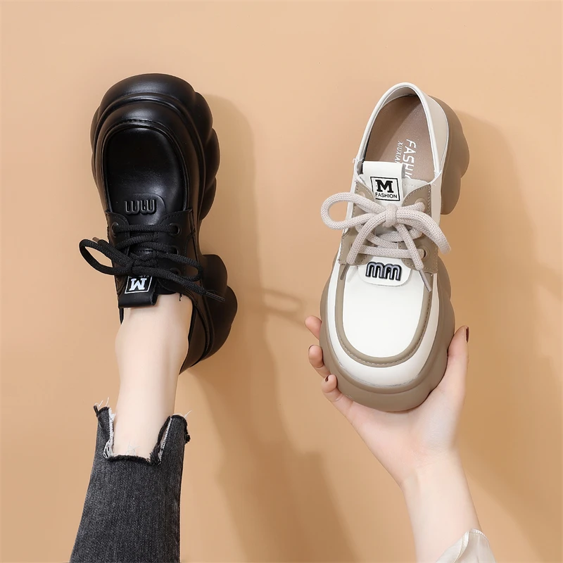 厚底小皮鞋女2025新款春秋季时尚厚底圆头百搭乐福鞋系带超轻软底