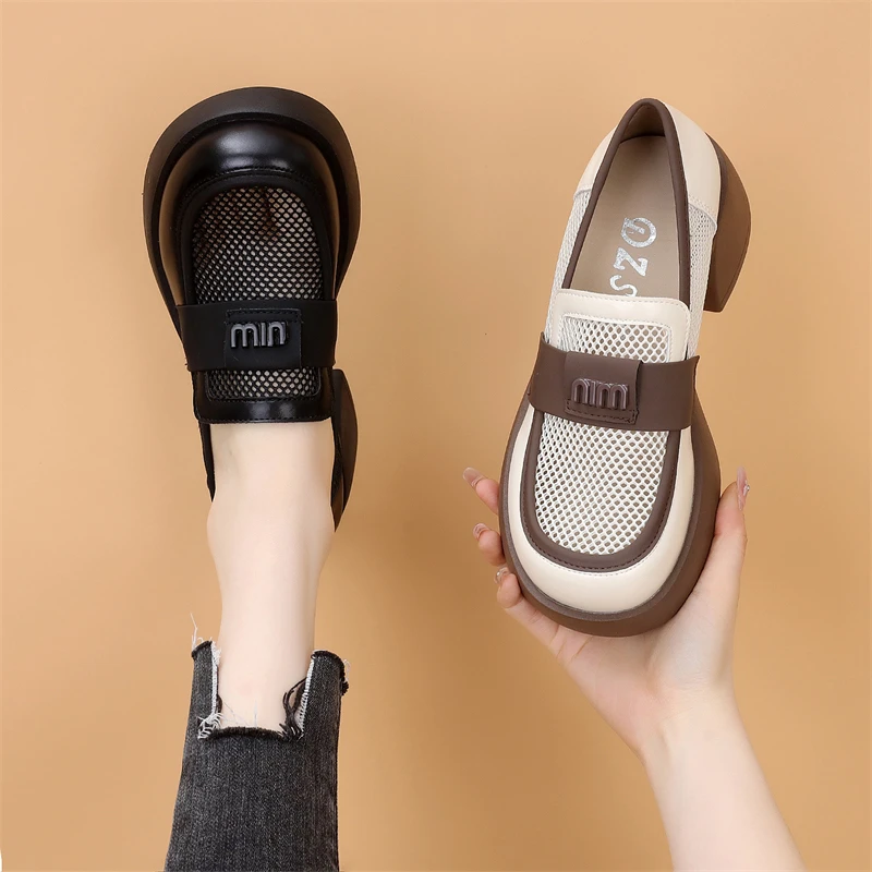 真皮透气网面乐福鞋女2024年夏季新款英伦百搭小皮鞋粗跟增高单鞋