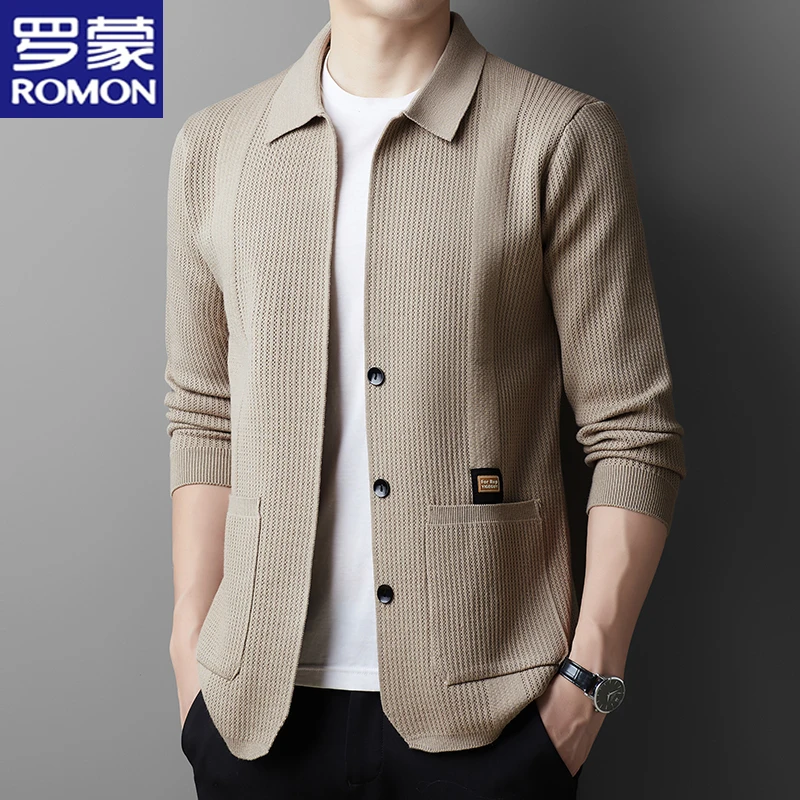 罗蒙春秋季新款时尚百搭针织开衫纯色男士翻领外穿毛衣上衣男装潮