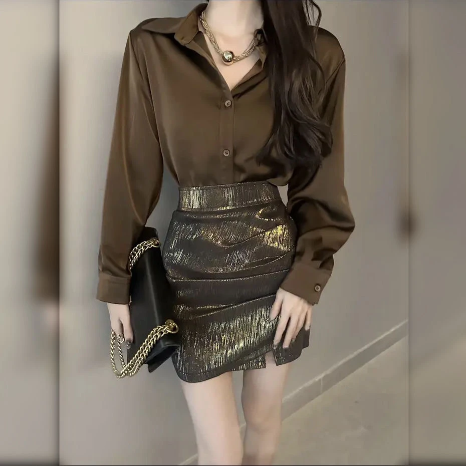 气质轻奢高级感长袖衬衫时尚新款春装金属光泽高腰半身裙网红女