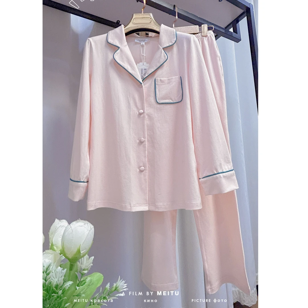 舒适棉质睡衣女春秋款长袖简约甜美法式蕾丝休闲家居服大码套装