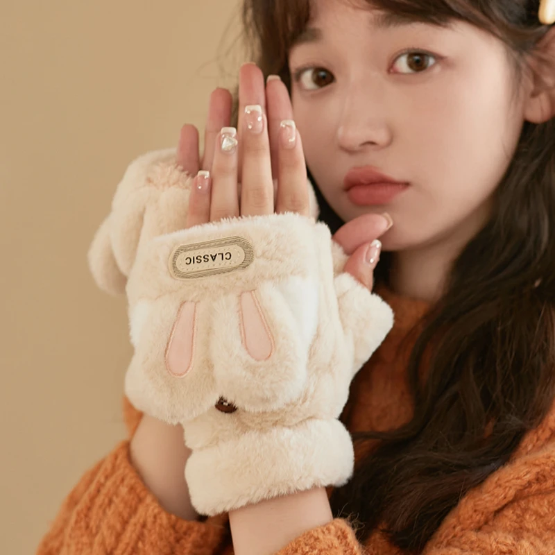 手套女冬季可爱兔子毛绒绒女生冬天加绒加厚保暖学生翻盖半指触屏