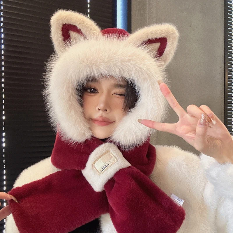 安可拉红色狐狸帽围脖帽子围巾一体女秋冬季高级感骑车保暖毛绒帽