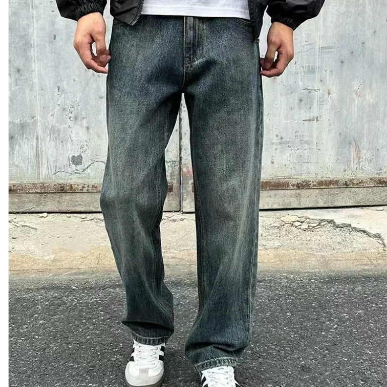 复古牛仔裤男款春夏季水洗做旧黄泥染潮牌高街宽松直筒日系长裤