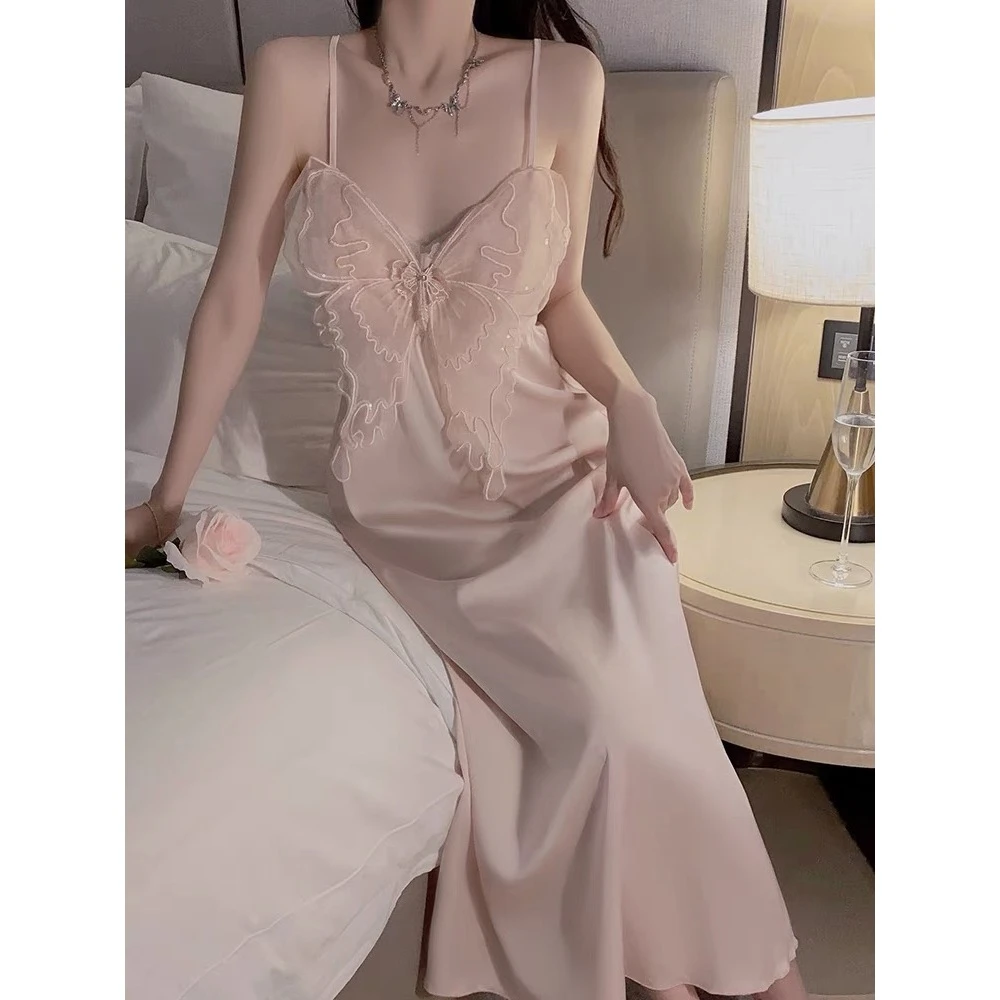 纯欲风长裙睡衣女蕾丝透视蝴蝶带胸垫缎面开叉仙气家居服露背夏季
