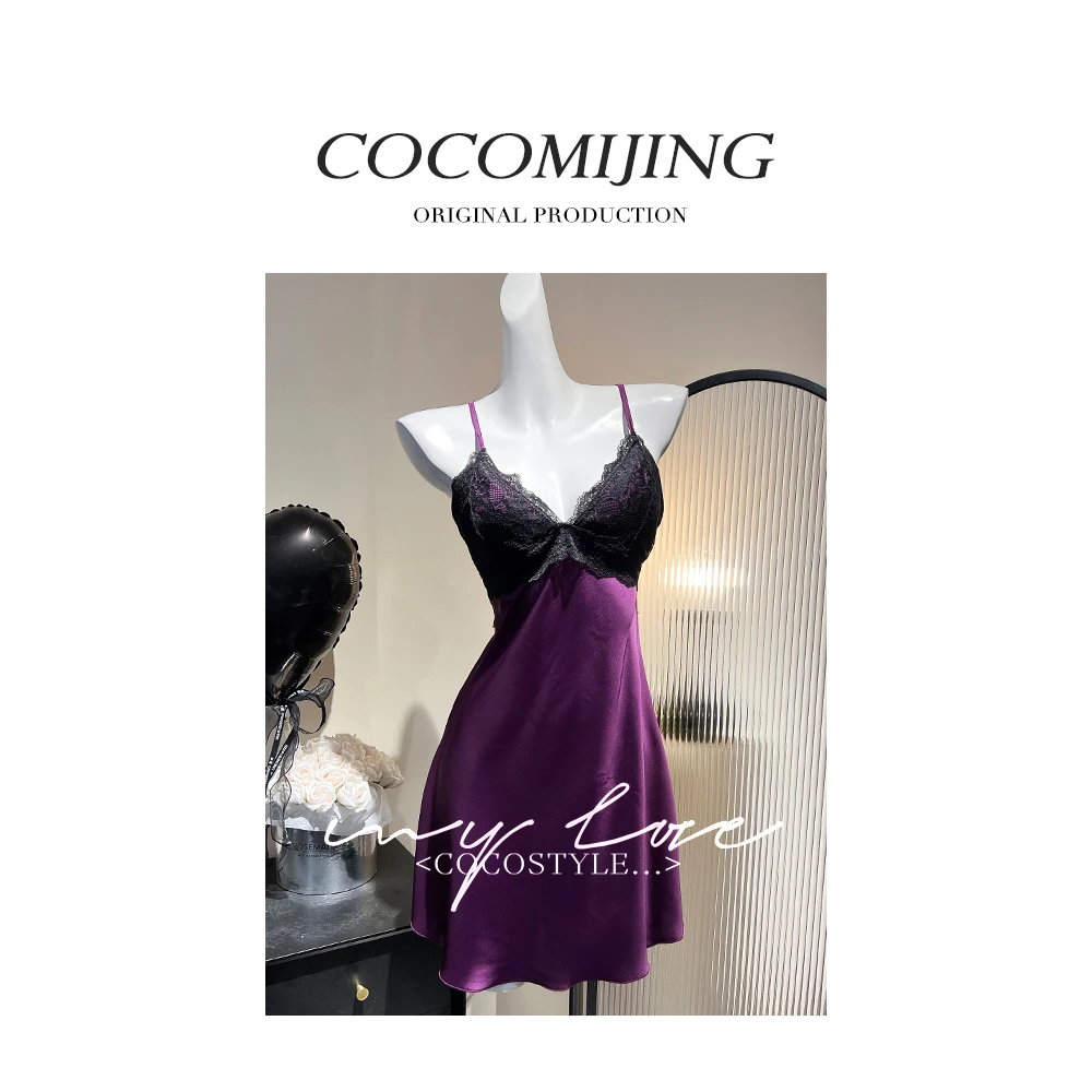 【紫晶梦境】性感露背系带带胸垫聚拢蕾丝吊带睡裙女家居服睡裙套