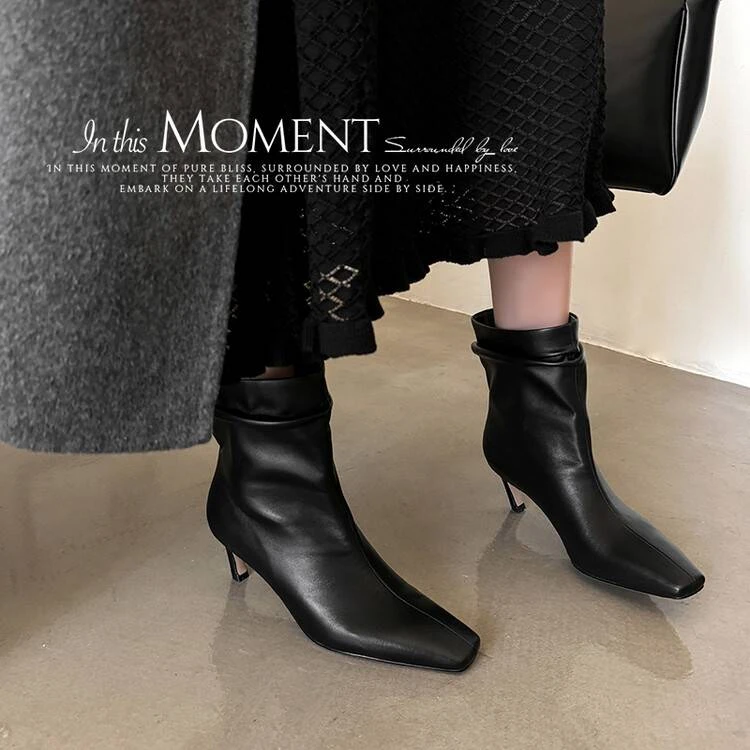 米娜严选~新款百搭细跟短靴子真皮女靴气质欧美高跟马丁靴欧美风