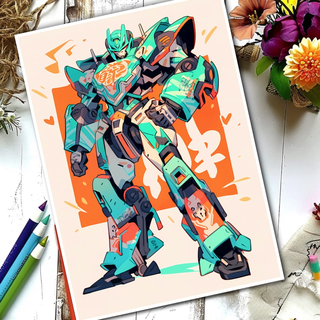 超级机器人临摹卡儿童创意美术明信片高级马克笔机器人卡通动漫
