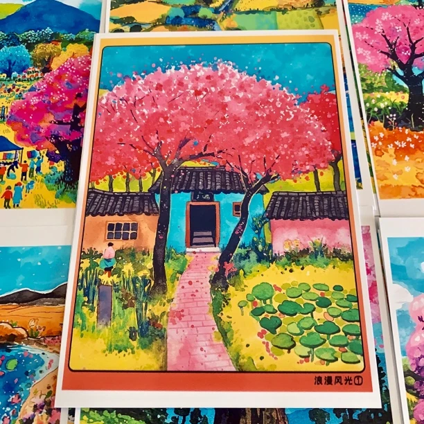 浪漫风光临摹卡儿童创意美术明信片马克笔儿童画春天风景范图