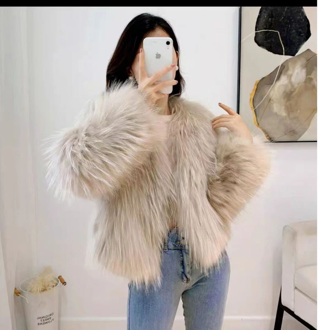 【贺美服饰】貉子毛编织50衣长加内衬外套