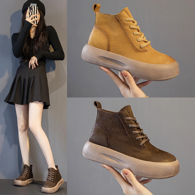 真皮短靴马丁靴女厚底女冬季靴子圆头中筒头层牛皮大黄靴运动鞋子