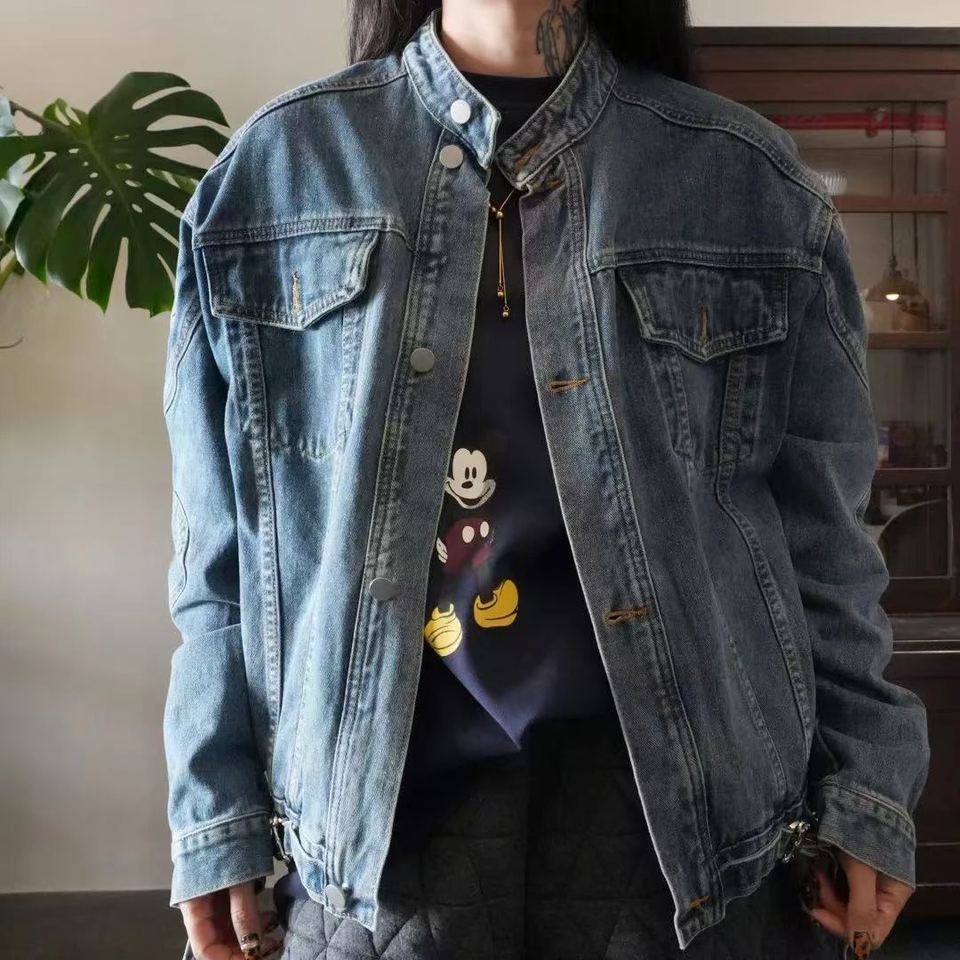 91138水洗立领牛仔外套蓝色均码春秋时尚复古宽松潮流