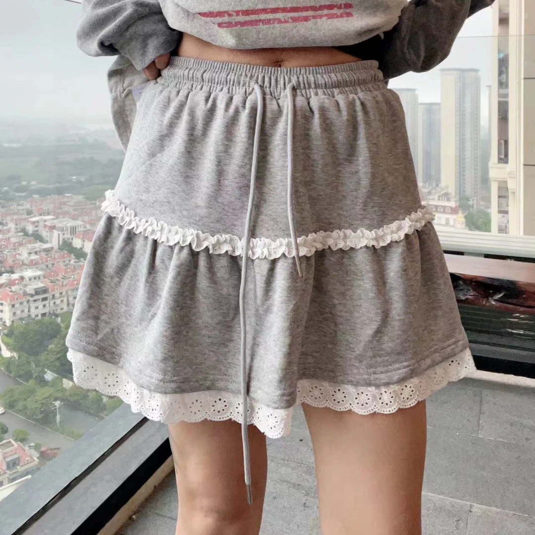6880少女风花边半身裙灰色均码