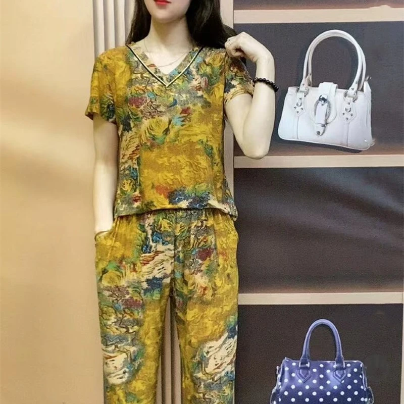 2023夏季印花休闲宽松复古新款大码碎花减龄时尚九分裤两件套套装