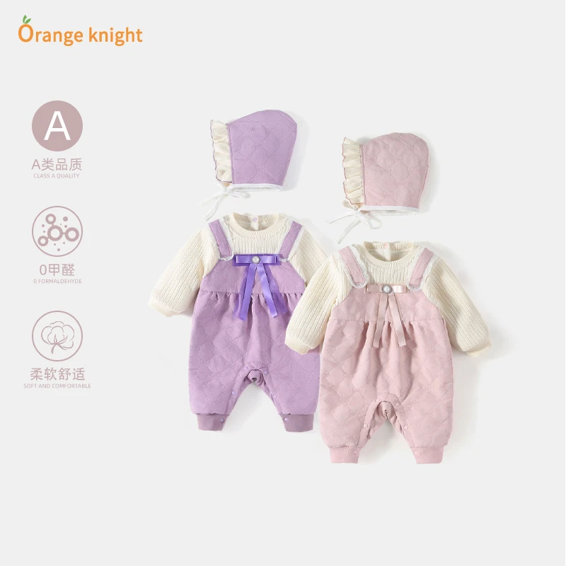 婴儿衣服秋冬新款公主加绒连体衣周岁满月宝宝假两件背带哈衣礼服