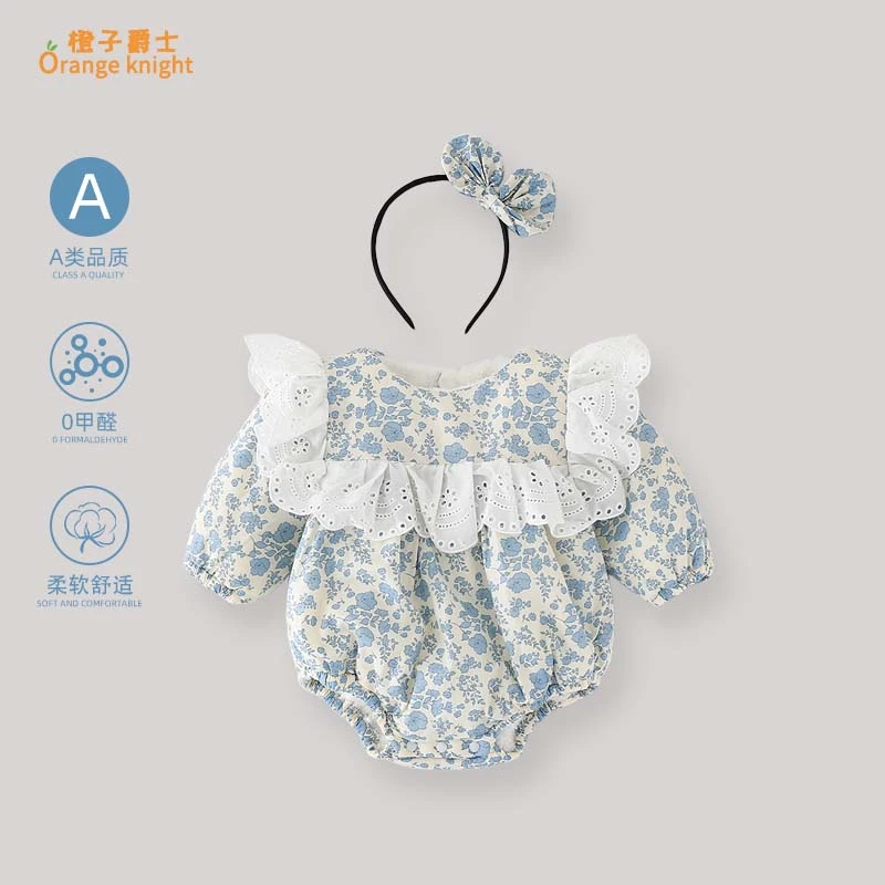 小月龄女宝宝秋冬季新款连体衣甜美碎花公主长袖加绒三角包屁衣