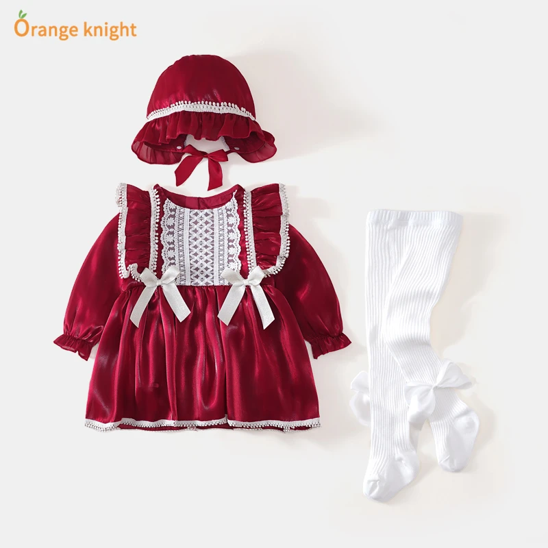 女宝宝春装红色套装生日衣服婴儿满月裙子百天公主连衣裙周岁礼服