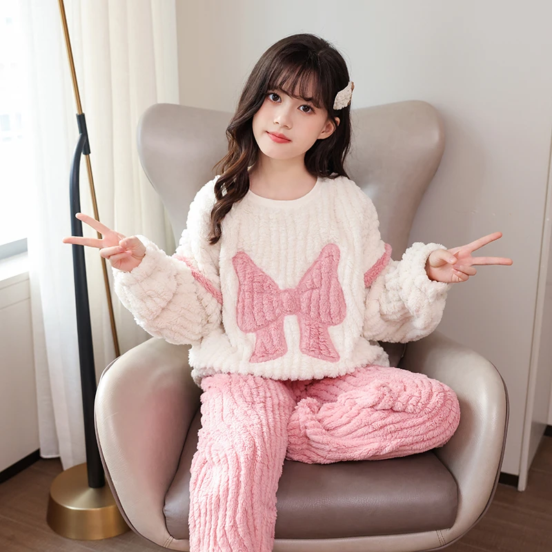 女童秋冬睡衣秋冬季法兰绒新款儿童加厚中大童保暖家居服珊瑚套装