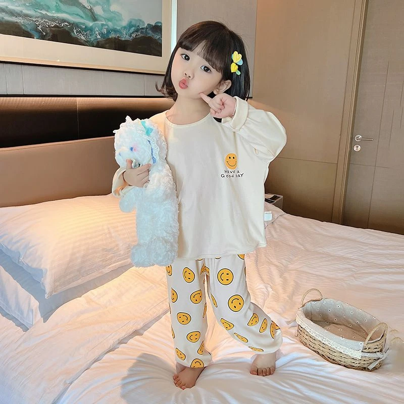 儿童春秋装2023新款男女宝家居服卡通动漫笑脸两件套纯棉高级睡衣