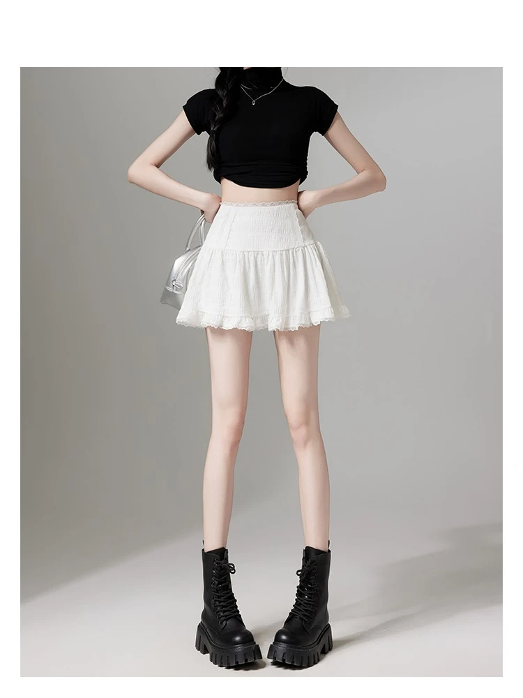 芭蕾风少女蛋糕裙2025白色蕾丝边短裙夏高腰a字防走光半身裙子女