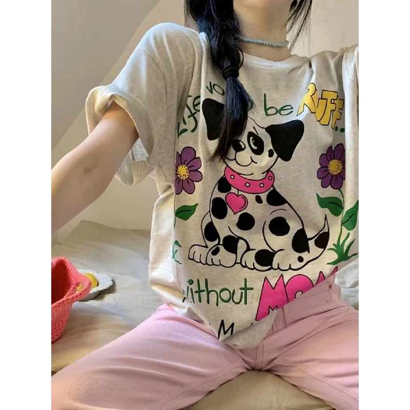 可爱小狗印花ins短袖T恤女夏季圆领宽松百搭设计感卡通中性风创意
