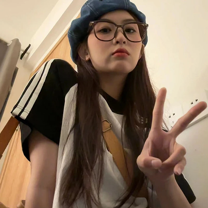 2024甜酷风经典三条杠插肩袖短袖T恤女纯棉休闲织带运动风上衣ins