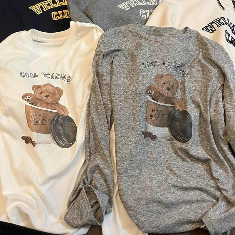 2025春秋新款女装柔软亲肤圆领长袖小熊印花柔软打底T恤衫