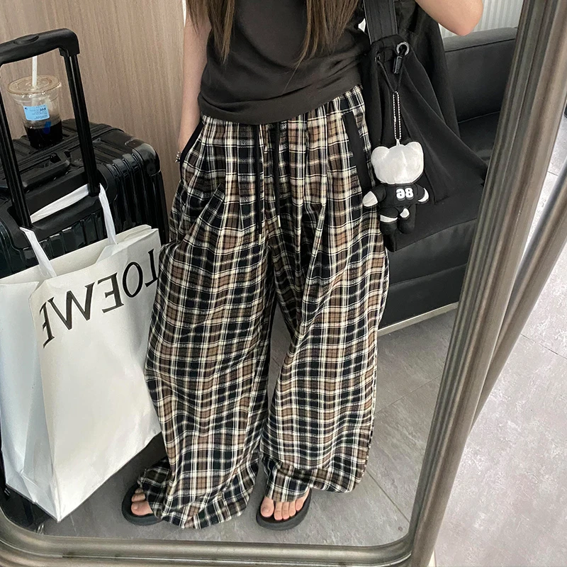 春秋新品阔腿裤女宽松显瘦直筒高腰美式复古撞色格纹拖地休闲裤子