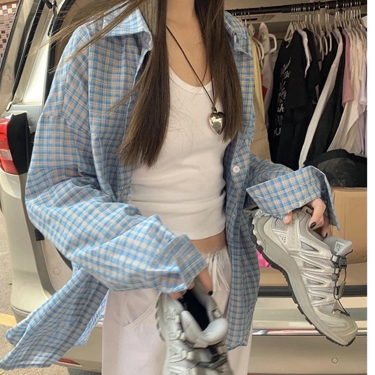 蓝色格子防晒长袖衬衫女夏季款薄款宽松韩版慵懒风衬衣外套休闲