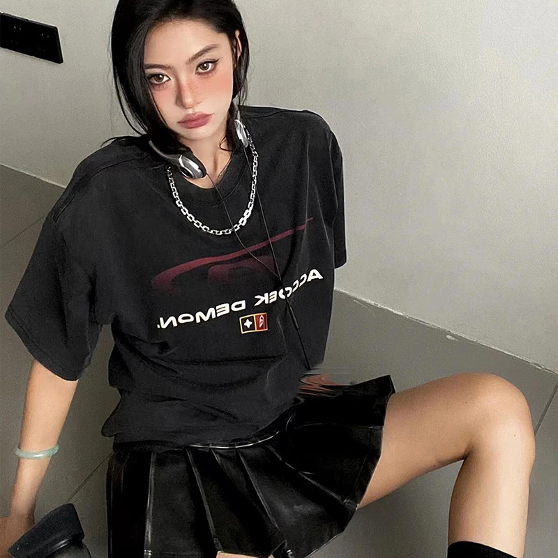 2024新品重工潮牌街头复古渐变旗帜印花短袖美式重磅洗水做旧t恤