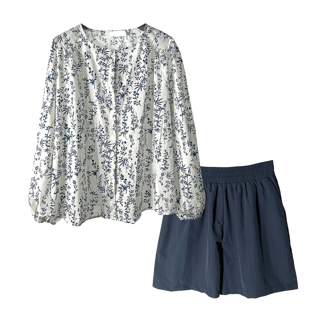 夏季慵懒碎花长袖衬衫防晒休闲宽松短裤两件套法式气质时尚套装女