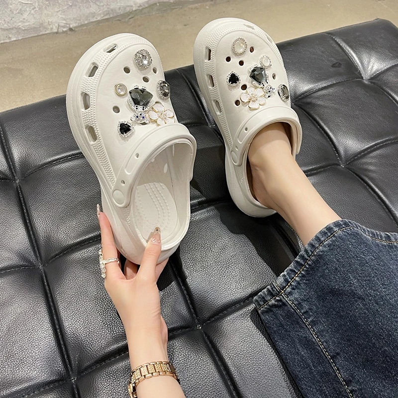 花朵水钻洞洞鞋女款夏外穿厚底增高防滑软底时尚沙滩防滑两穿凉鞋