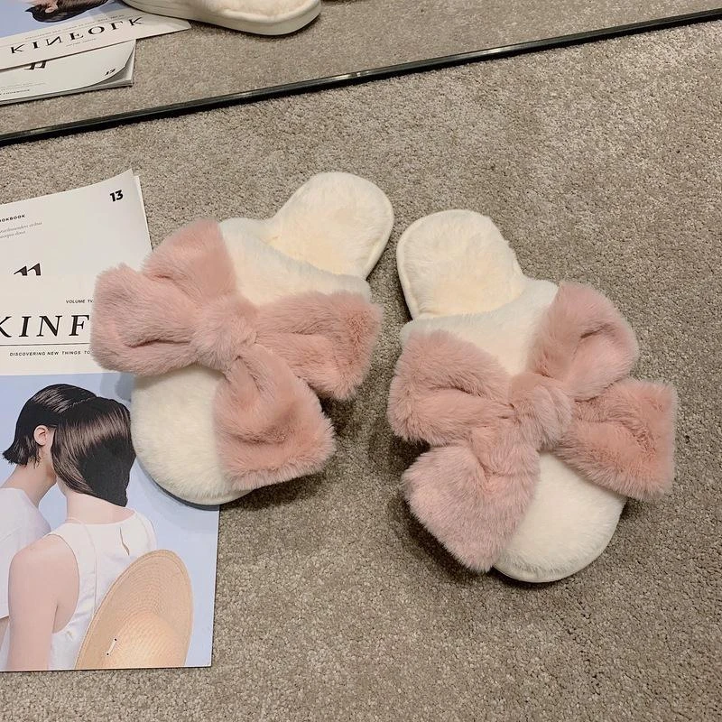 毛毛拖鞋女韩国时尚室内居家用秋冬毛绒绒蝴蝶结保暖温柔棉拖鞋女